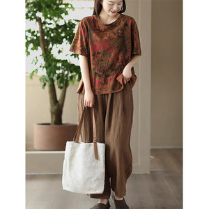Áo T-shirt ngắn tay cổ tròn in hoa lá đơn sắc - NU8630