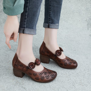 Giày da retro đế cao đục tam giác quai đính hoa thủ công - OD1198