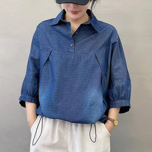 Áo sơ mi denim tay lửng cổ đức vạt bo dây rút - NU8408