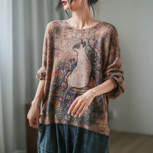 Áo len cashmere dài tay vườn hoa và chú mèo - NU7731