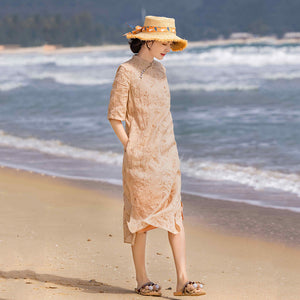 Đầm liền linen ngắn tay cổ đứng khuy lệch thêu hoa lá - NU8372