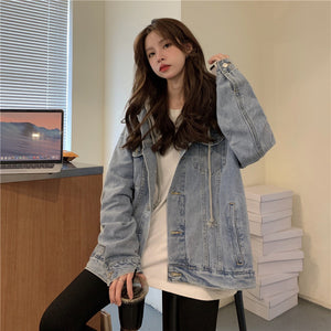 Áo khoác denim retro dài tay có mũ - NU7881