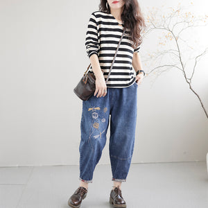 Quần baggy denim thêu chuồn chuồn và hoa bồ công anh - NU7602