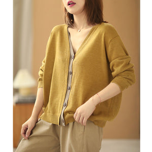Áo len cổ V dệt kim dài tay phối màu khuy giữa - NU6062
