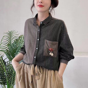 Áo sơ mi dài tay cổ đức kẻ sọc caro túi đính hoa - NU8154
