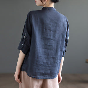 Áo sơ mi linen ngắn tay cổ đứng thêu hoa lá đối xứng hai bên - NU8531