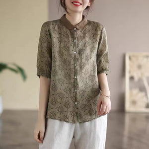 Áo sơ mi linen ngắn tay cổ pipi in hoa lá  - NU6834