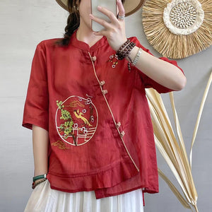 Áo sơ mi linen ngắn tay cổ tàu khuy tròn thêu chim phượng hoàng - NU7172