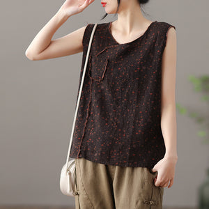 Áo sơ mi linen sát nách cổ tròn một túi in hoa văn - NU6721