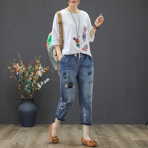 Quần baggy denim thêu mèo và lá cây - NU2449 - kamaka.vn - thời trang nhật