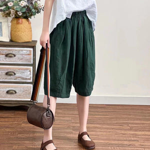 Quần baggy lửng linen lưng thun một màu hai túi chéo  - NU7076