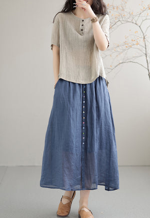 Áo T-shirt linen ngắn tay cổ tròn bốn khuy - NU7421