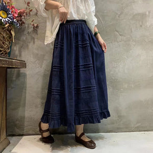 Chân váy linen lưng thun đính ren song song - NU8332