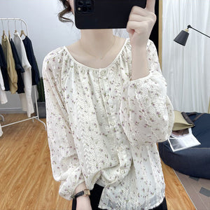 Áo sơ mi linen dài tay cổ tròn in hoa lá thêu ren hai lớp - NU8615