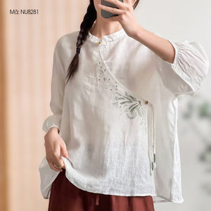Áo sơ mi linen tay lửng cổ tàu vạt chéo thêu hoa văn - NU8280