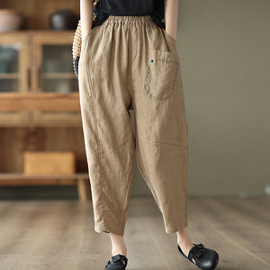 Quần baggy linen lưng thun ba túi thêu hoa lá - NU6815