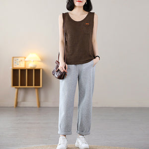 Áo T-shirt sát nách dệt kim cổ tròn một túi nhỏ - NU8662