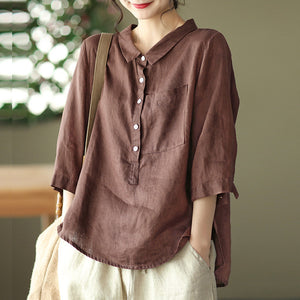 Áo sơ mi linen ngắn tay cổ đức khuy cài sát túi - NU5604