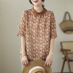 Áo sơ mi linen ngắn tay cổ pipi phối màu khuy sau in hoa lá - NU8435