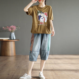 Áo T-shirt linen dệt kim ngắn tay cổ tròn in mặt chú gấu - NU8537