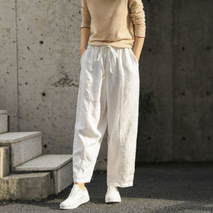 Quần baggy linen lưng thun dây rút một màu - NU8358