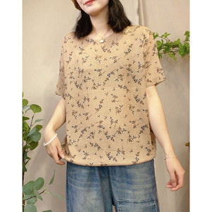 Áo T-shirt ngắn tay dệt kim cổ tròn in hoa lá liti - NU8460