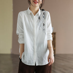 Áo sơ mi linen dài tay cổ đức một màu thêu trừu tượng - NU8150