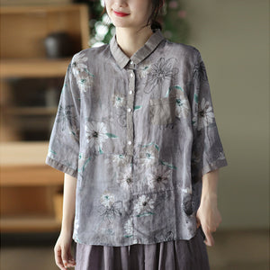 Áo sơ mi linen ngắn tay cổ pipi in hoa lá một túi nhỏ - NU7545