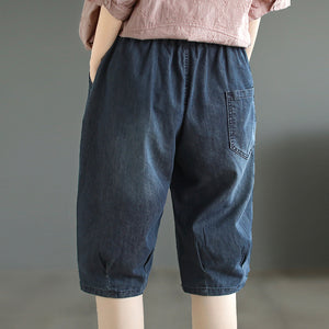Quần baggy lửng denim lưng thun  hai túi kiểu đính màu sắc - NU8637