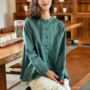 Áo sơ mi linen dài tay cổ đứng một màu túi vuông - NU6736