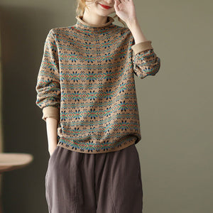 Áo T-shirt dệt kim dài tay cổ cao hoa văn cân đối  - NU8076