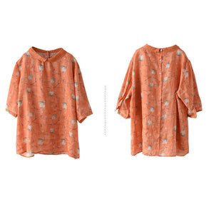 Áo sơ mi linen ngắn tay cổ pipi họa tiết hoa lá - NU6806