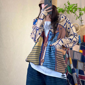 Áo khoác len cardigan dài tay cổ V in những chú mèo - NU8121