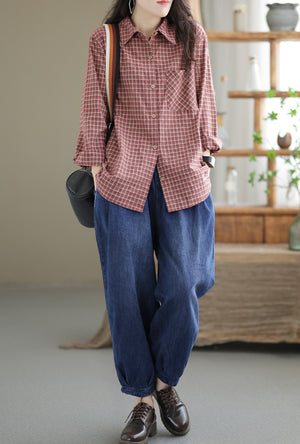 Áo sơ mi linen dài tay cổ đức kẻ sọc caro một túi vuông - NU7688