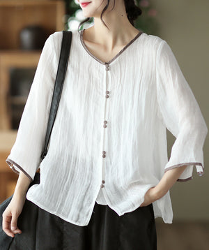 Áo sơ mi linen tay lửng cổ tròn bo viền khuy đôi - NU7408