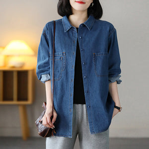 Áo sơ mi denim dài tay cổ đức form dài ba túi kiểu - NU8146