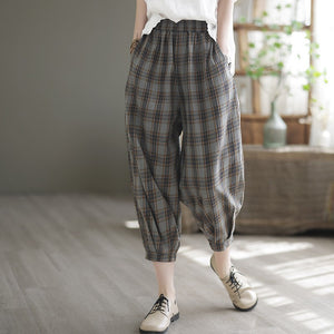 Quần baggy linen lưng thun kẻ sọc caro ống túm một túi sau - NU7423