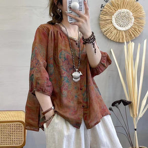 Áo sơ mi linen ngắn tay cổ tròn xếp ly đính bèo in hoa văn - NU7516