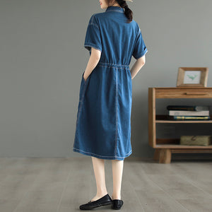 Đầm liền denim ngắn tay cổ đức hai túi vuông cột dây - NU8586