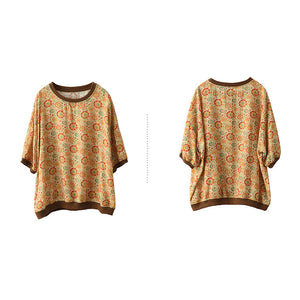 Áo T-shirt linen ngắn tay cổ tròn in hoa lá bo viền - A763