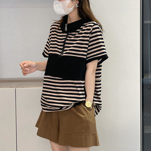 Áo T-shirt hoodies ngắn tay kẻ sọc khóa kéo - NU8379