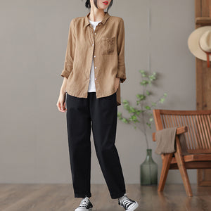 Áo sơ mi linen dài tay cổ pipi một túi xếp ly - NU6760