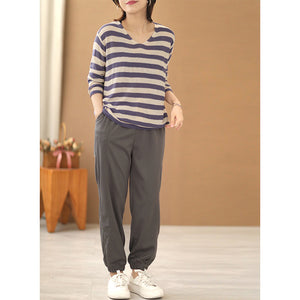 Áo T-shirt len dài tay cổ V kẻ sọc ngang - NU7677