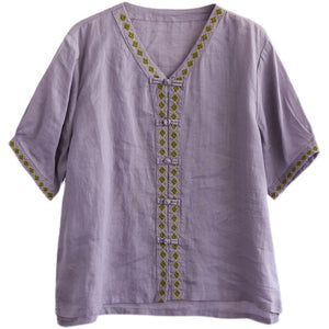 Áo sơ mi linen ngắn tay cổ V khuy tròn hoa văn thổ cẩm - NU6965