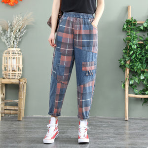 Quần baggy denim retro lưng thun kẻ sọc caro - NU8205