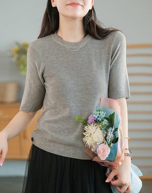 Áo T-shirt len dệp kim ngắn tay cổ tròn một màu - NU7622