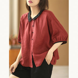 Áo sơ mi linen ngắn tay xếp li cổ pipi - NU7242