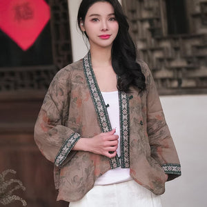 Áo sơ mi linen dài tay cổ V vạt chéo khuy tròn in hoa lá - NU8283