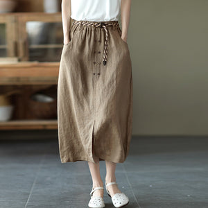 Chân váy linen lưng thun hai hàng khuy kèm thắt lưng - V001