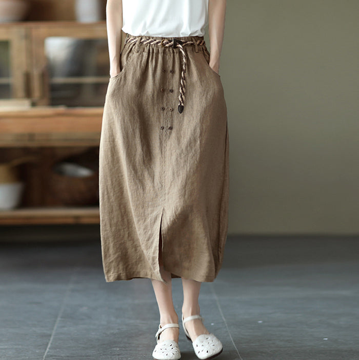 Chân váy linen lưng thun hai hàng khuy kèm thắt lưng - V001